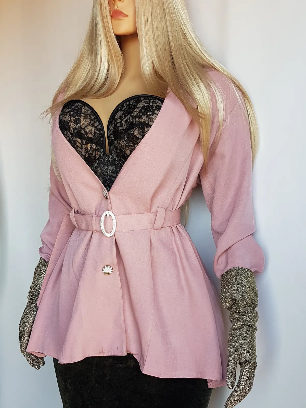 Impeccable Vintage English Made Dusky Pink Hourglass Jacket with Ornate Shell Buttons & Matching Crystal Belt