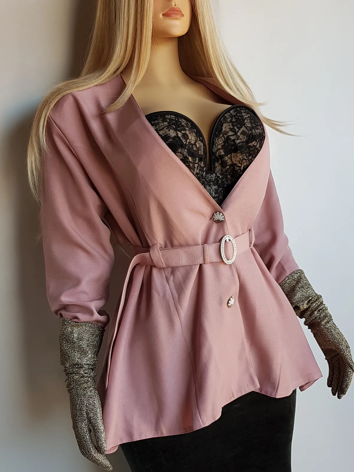 Impeccable Vintage English Made Dusky Pink Hourglass Jacket with Ornate Shell Buttons & Matching Crystal Belt