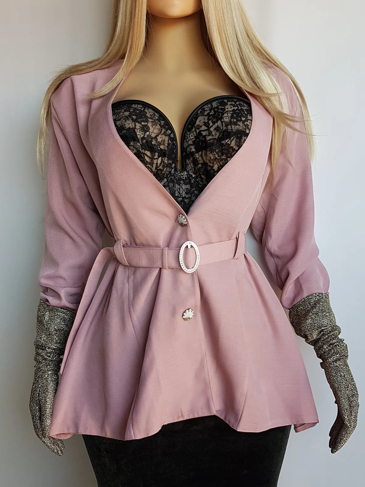 Impeccable Vintage English Made Dusky Pink Hourglass Jacket with Ornate Shell Buttons & Matching Crystal Belt