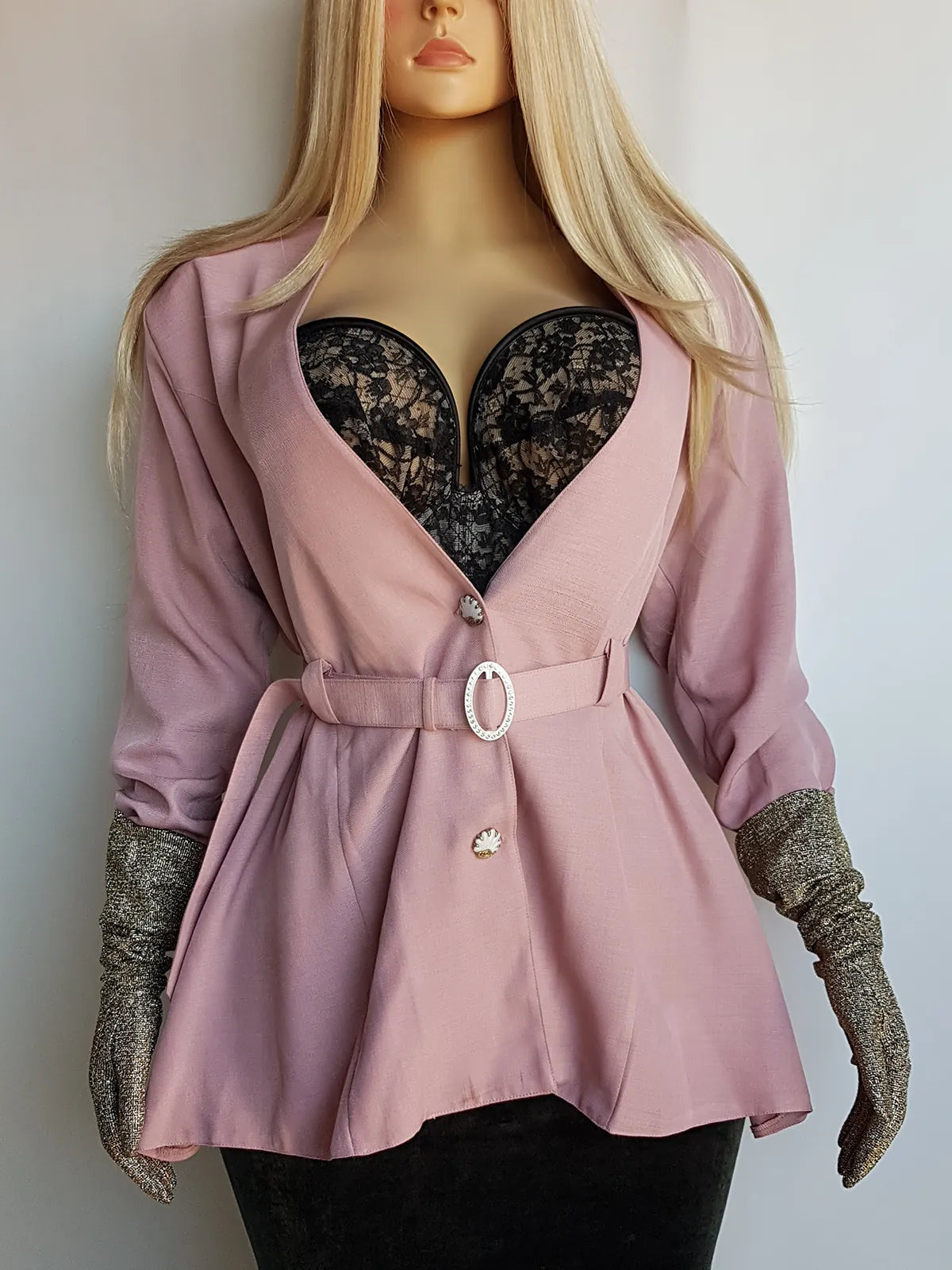 Impeccable Vintage English Made Dusky Pink Hourglass Jacket with Ornate Shell Buttons & Matching Crystal Belt