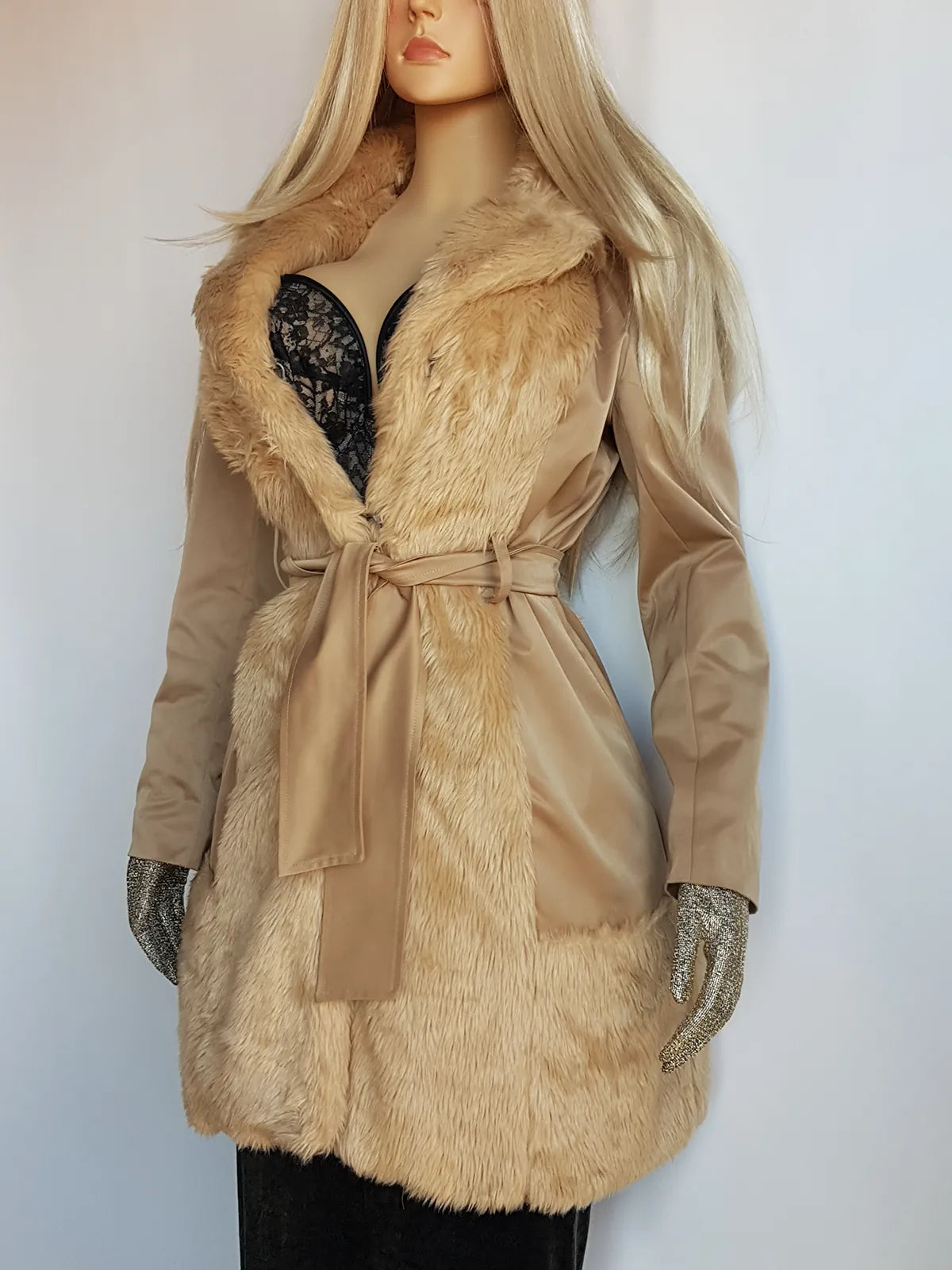 Dreamy 90s Authentic Vintage Fur Coat in 100% Cotton - Chic Camel - Tie Waist - Metal Hook Closure down the front - Wear open or closed