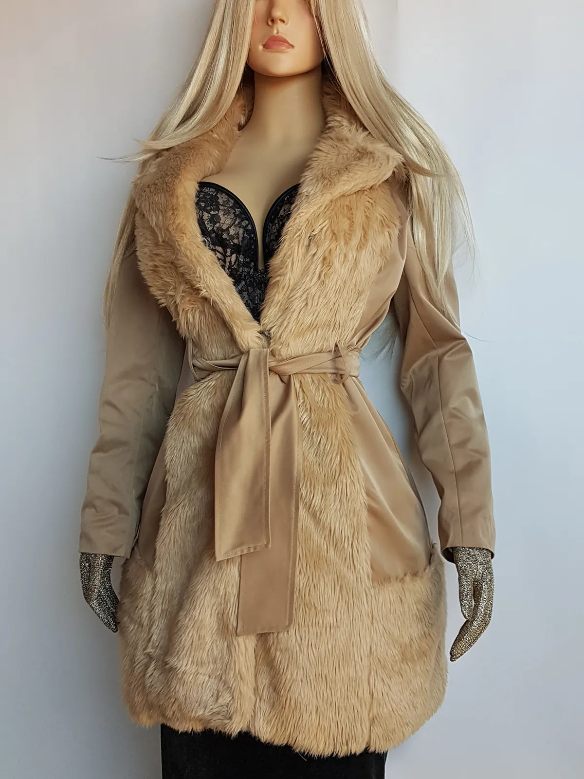 Dreamy 90s Authentic Vintage Fur Coat in 100% Cotton - Chic Camel - Tie Waist - Metal Hook Closure down the front - Wear open or closed