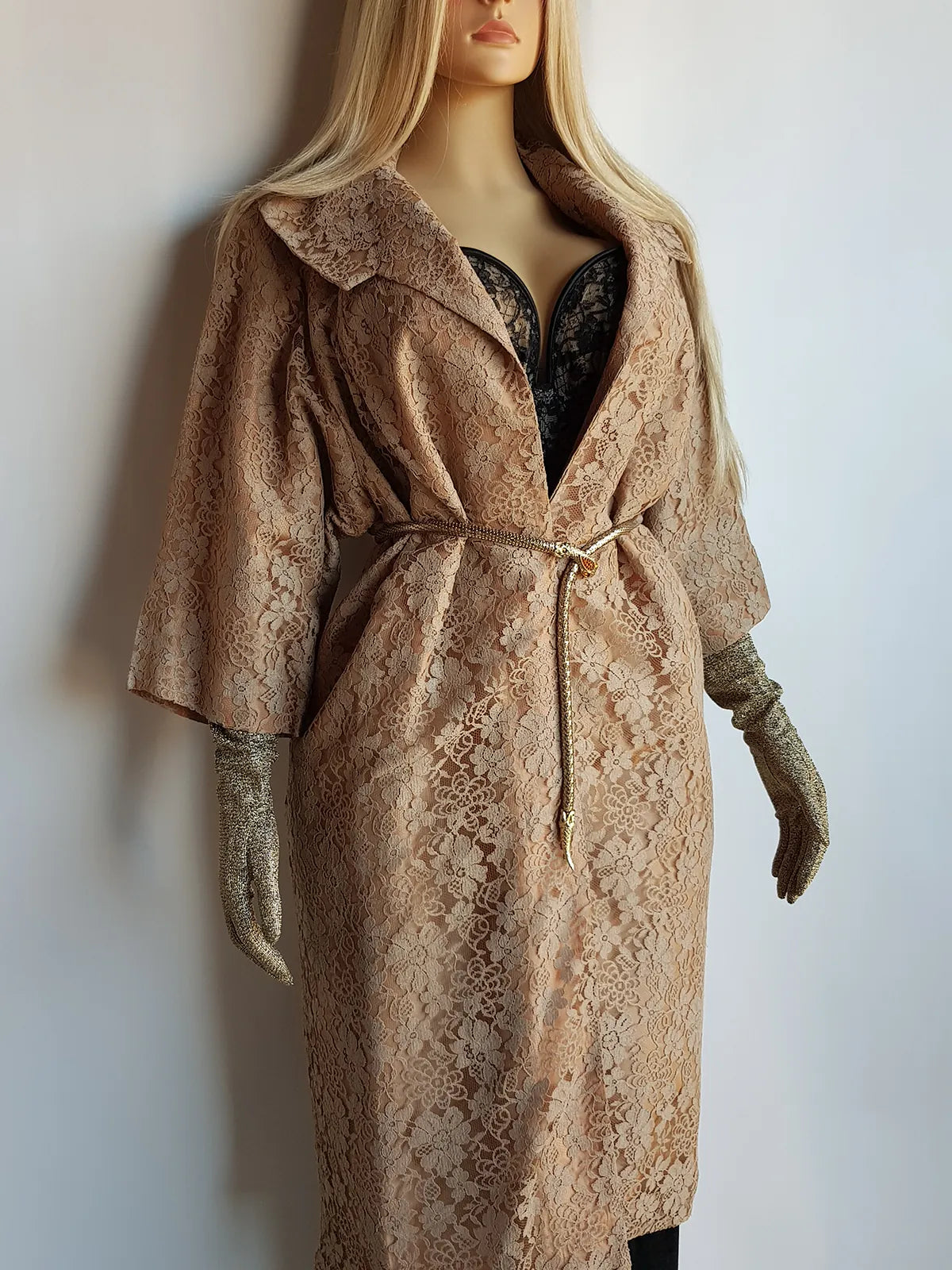 Genuine 1950s Vintage Coat in stunning lace overlay - hourglass - large collar and perfect 3/4 sleeves - wear multiple ways closed with a belt or open