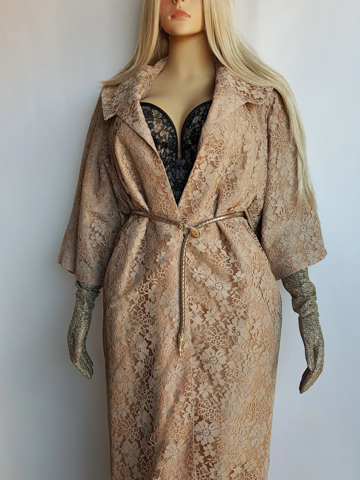 Genuine 1950s Vintage Coat in stunning lace overlay - hourglass - large collar and perfect 3/4 sleeves - wear multiple ways closed with a belt or open