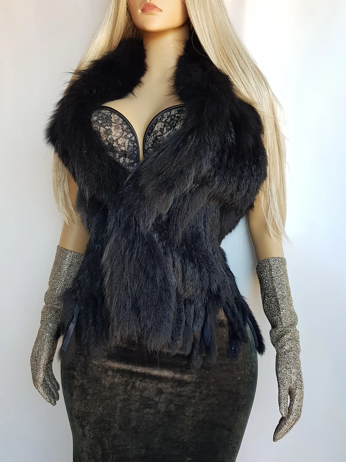 Vintage Genuine Rabbit & Raccoon fur Vest in Black - plush and extremely soft -