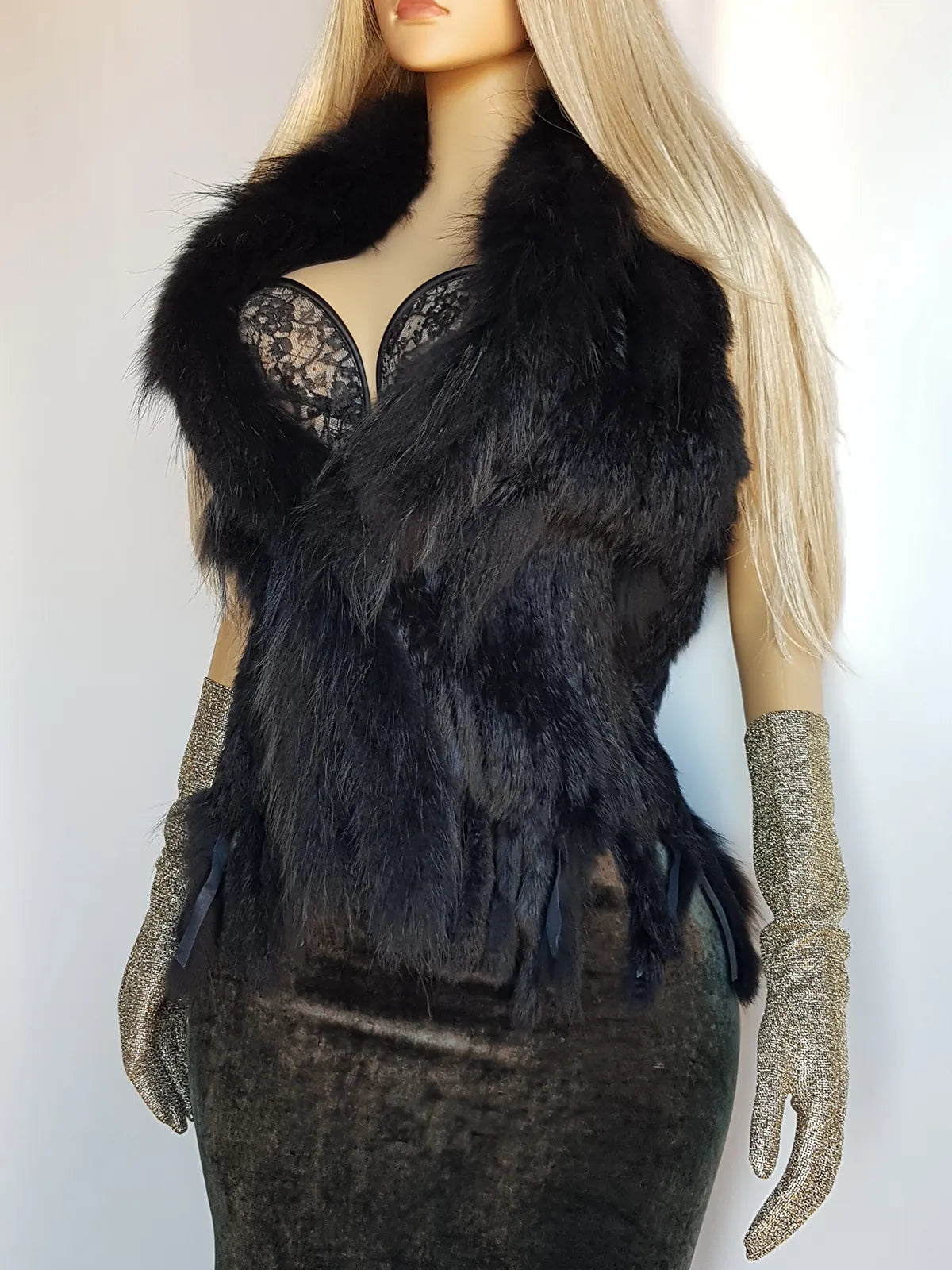 Vintage Genuine Rabbit & Raccoon fur Vest in Black - plush and extremely soft -