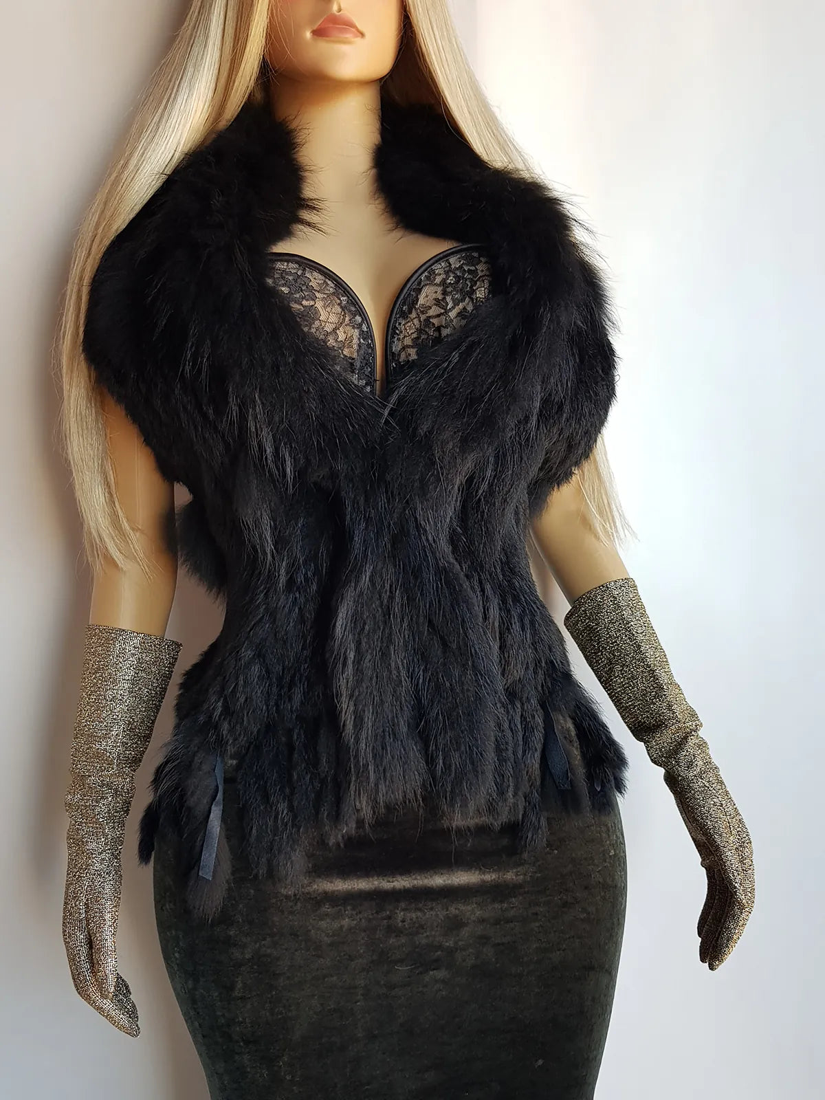 Vintage Genuine Rabbit & Raccoon fur Vest in Black - plush and extremely soft -