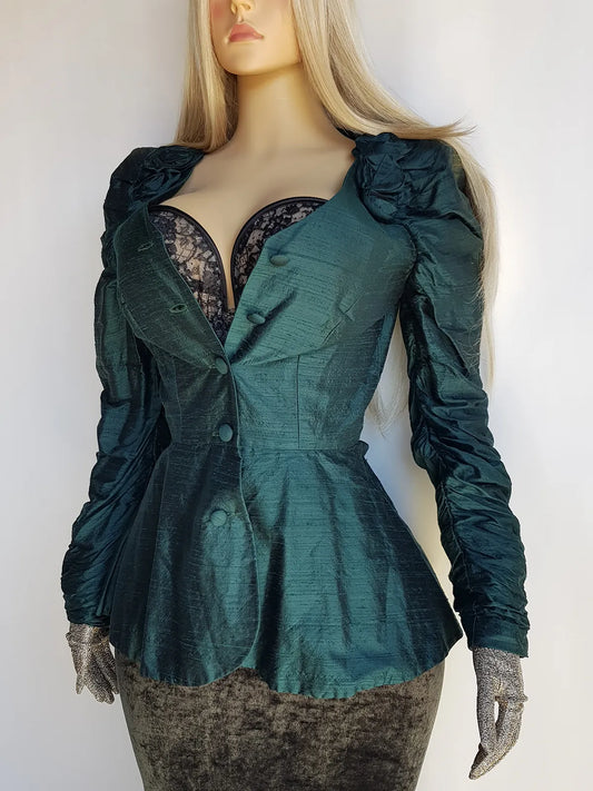 Pure Silk Dramatic 1990s Gothic Whimsical Romantic Hourglass Tailored Jacket - Rich Deep Green - 3D Silk Rose's on Shoulders - Wear open or Closed - Fully Lined & Silk Buttons