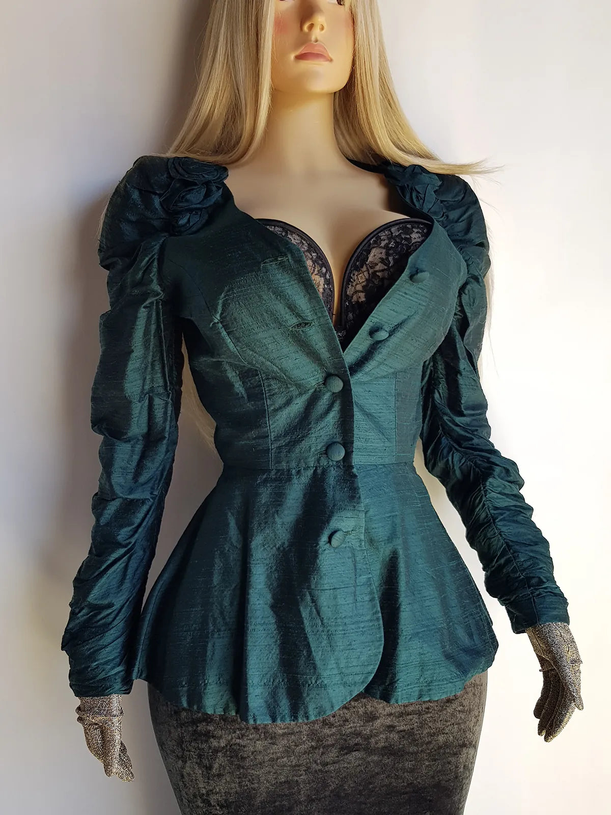 Pure Silk Dramatic 1990s Gothic Whimsical Romantic Hourglass Tailored Jacket - Rich Deep Green - 3D Silk Rose's on Shoulders - Wear open or Closed - Fully Lined & Silk Buttons