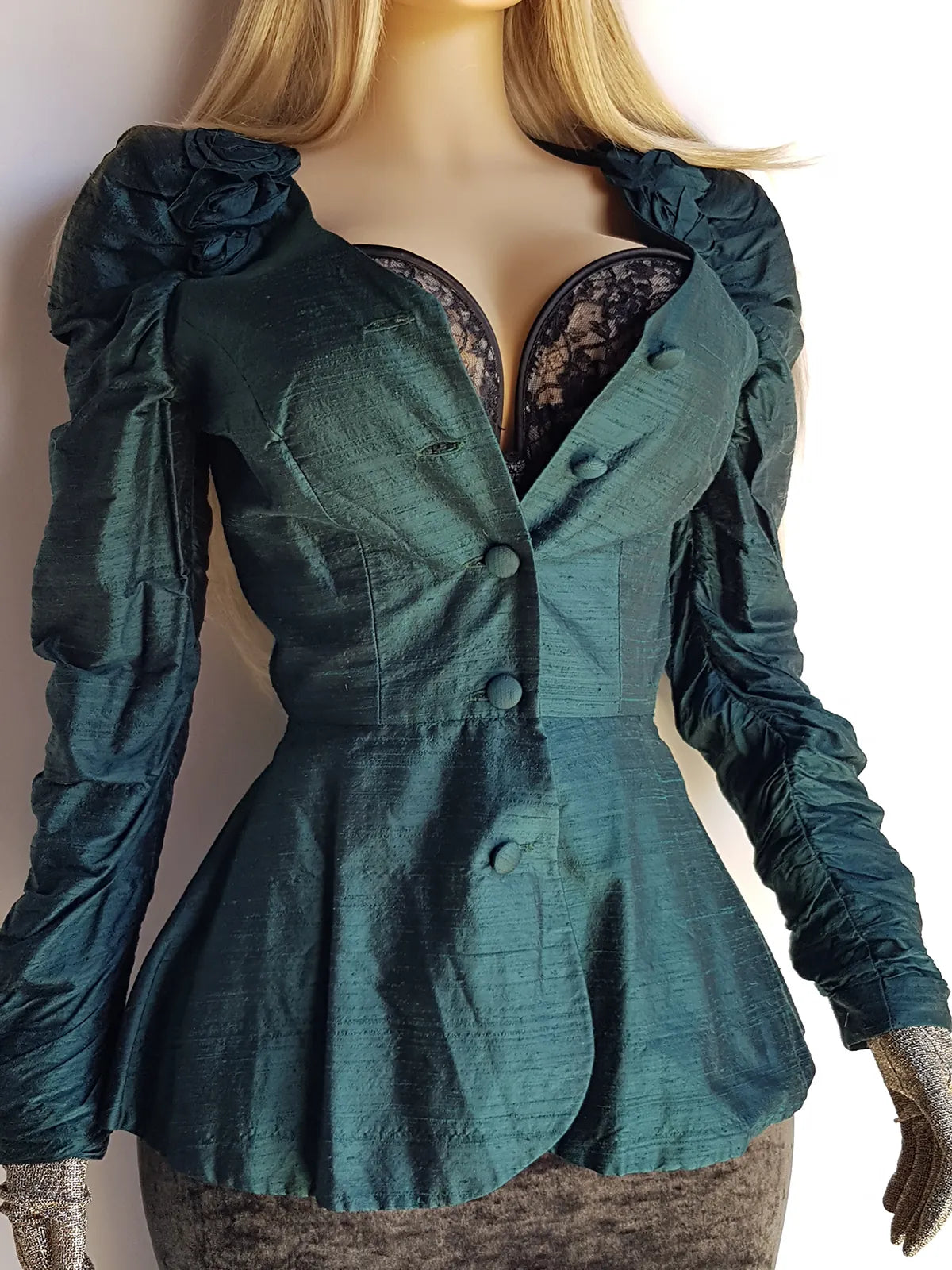 Pure Silk Dramatic 1990s Gothic Whimsical Romantic Hourglass Tailored Jacket - Rich Deep Green - 3D Silk Rose's on Shoulders - Wear open or Closed - Fully Lined & Silk Buttons