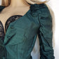 Pure Silk Dramatic 1990s Gothic Whimsical Romantic Hourglass Tailored Jacket - Rich Deep Green - 3D Silk Rose's on Shoulders - Wear open or Closed - Fully Lined & Silk Buttons