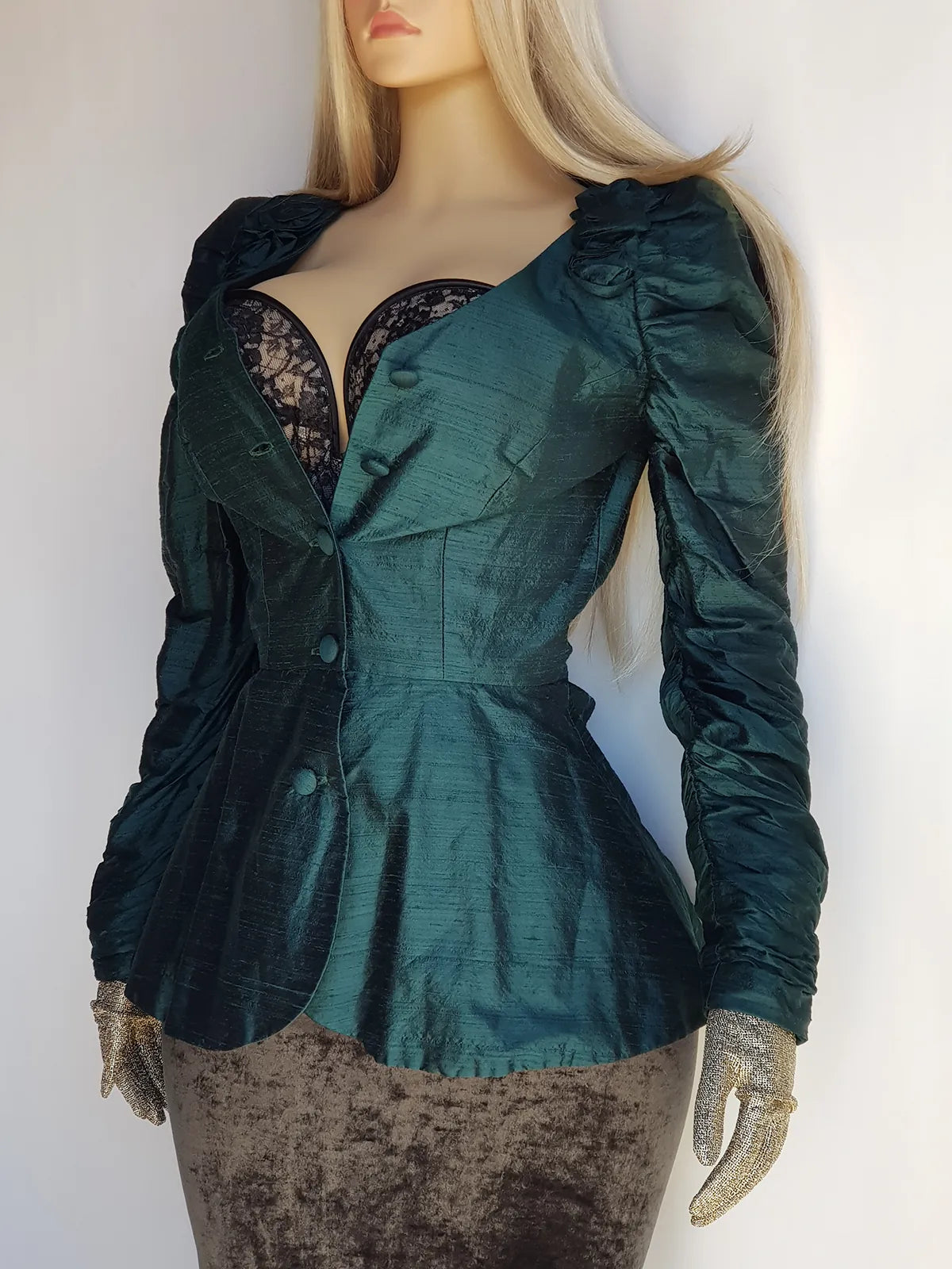 Pure Silk Dramatic 1990s Gothic Whimsical Romantic Hourglass Tailored Jacket - Rich Deep Green - 3D Silk Rose's on Shoulders - Wear open or Closed - Fully Lined & Silk Buttons