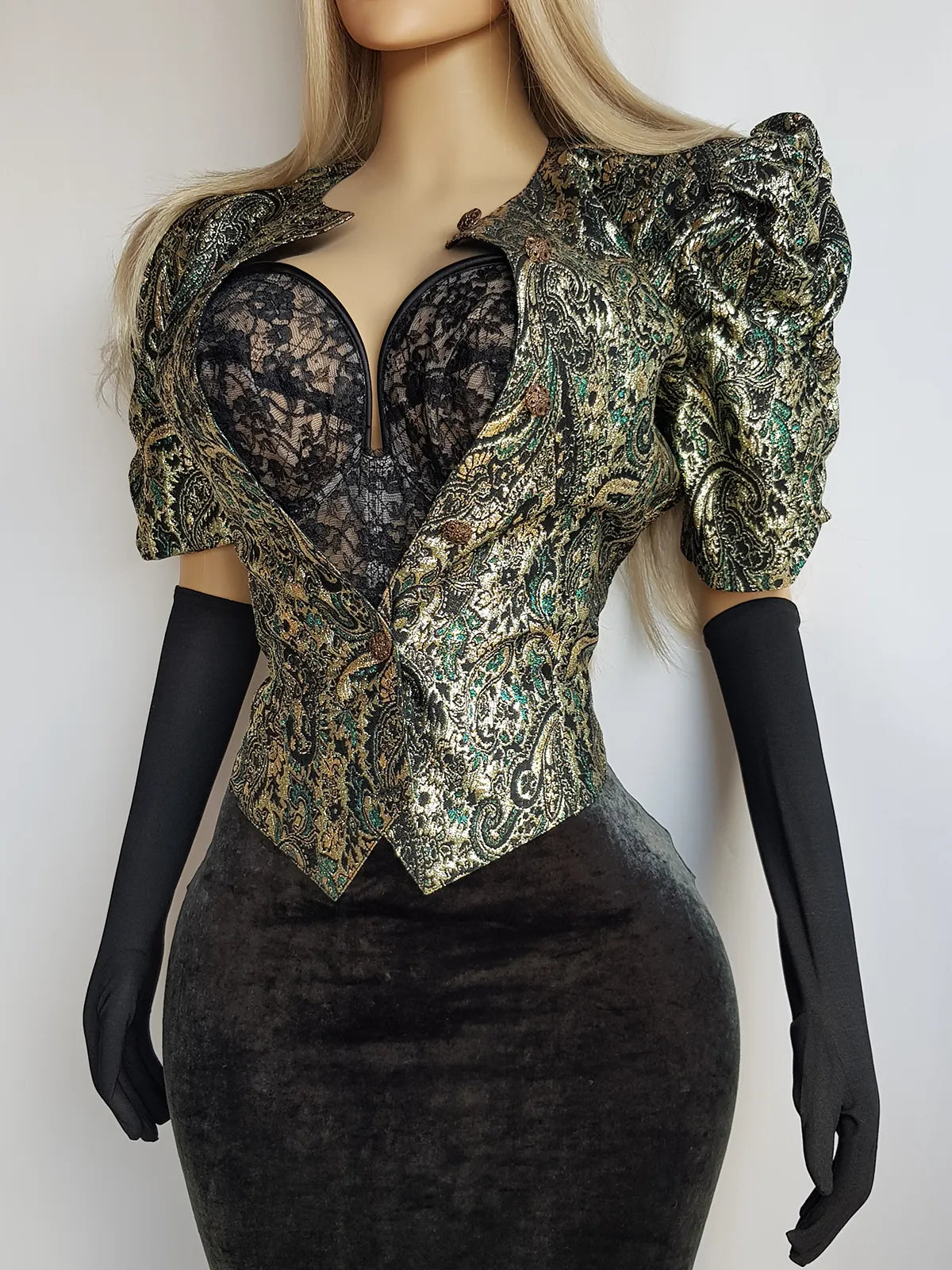 Knockout Genuine Vintage Dramatic  Whimsigothic Rockstar Jacket in Ornate Brocade - Hourglass fit - Bold Sculptural Shoulders - Metal Buttons - Wear open or closed