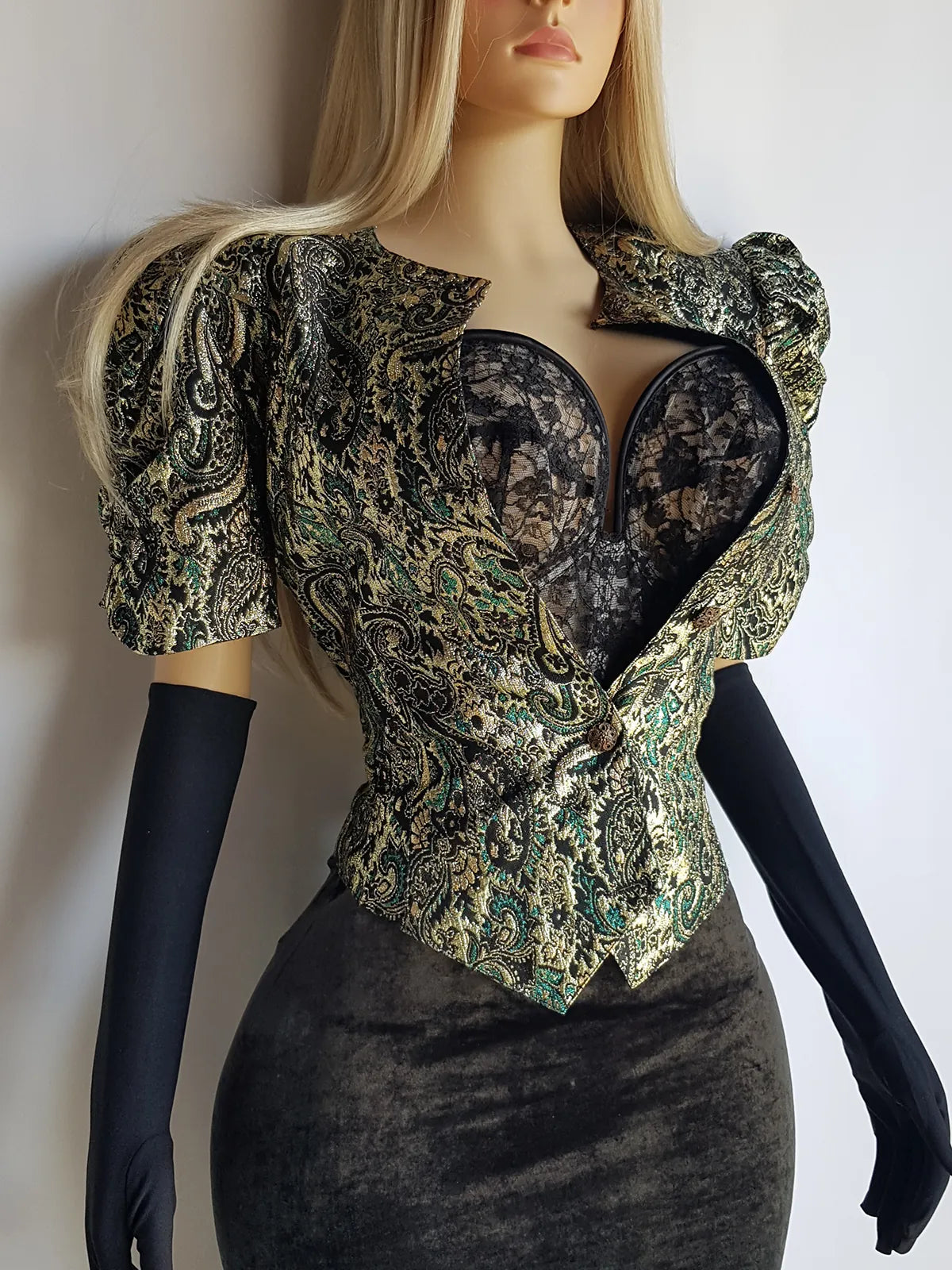 Knockout Genuine Vintage Dramatic  Whimsigothic Rockstar Jacket in Ornate Brocade - Hourglass fit - Bold Sculptural Shoulders - Metal Buttons - Wear open or closed