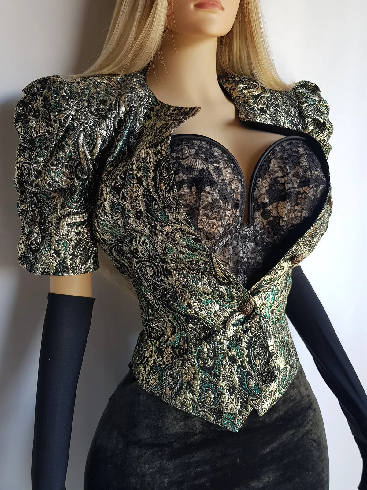 Knockout Genuine Vintage Dramatic  Whimsigothic Rockstar Jacket in Ornate Brocade - Hourglass fit - Bold Sculptural Shoulders - Metal Buttons - Wear open or closed