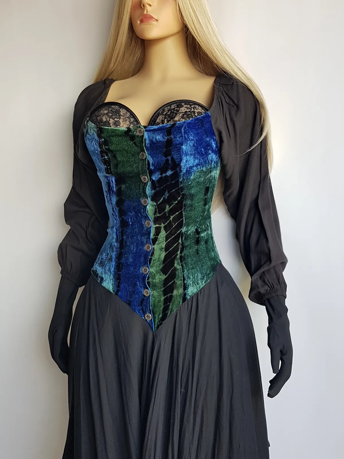 Authentic 1990s Whimsigoth Peasant Dress in Plush Velvet - Greens & Blues - Hand Dyed - medieval metal buttons - long sleeve & handkerchief hemline