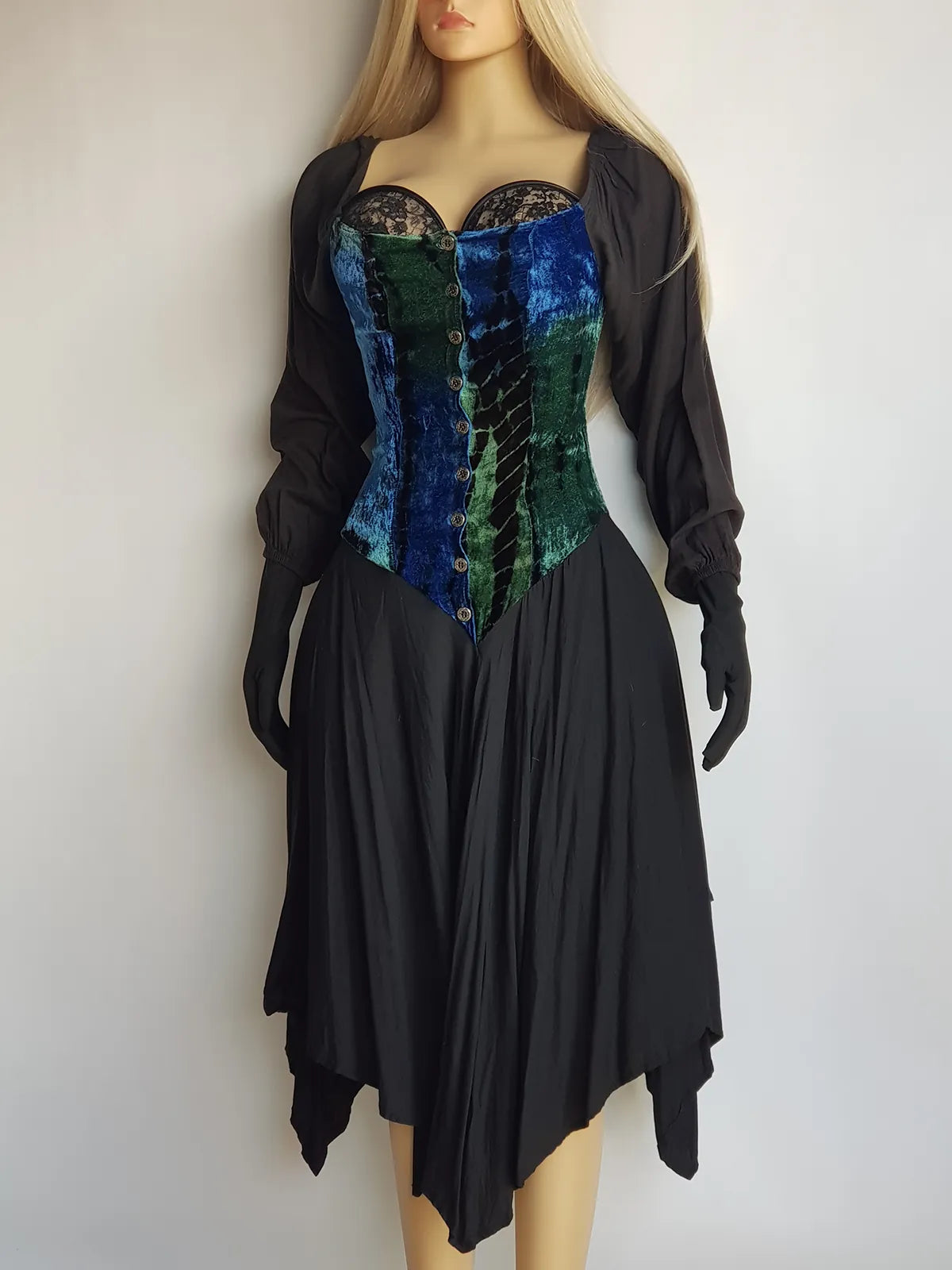 Authentic 1990s Whimsigoth Peasant Dress in Plush Velvet - Greens & Blues - Hand Dyed - medieval metal buttons - long sleeve & handkerchief hemline