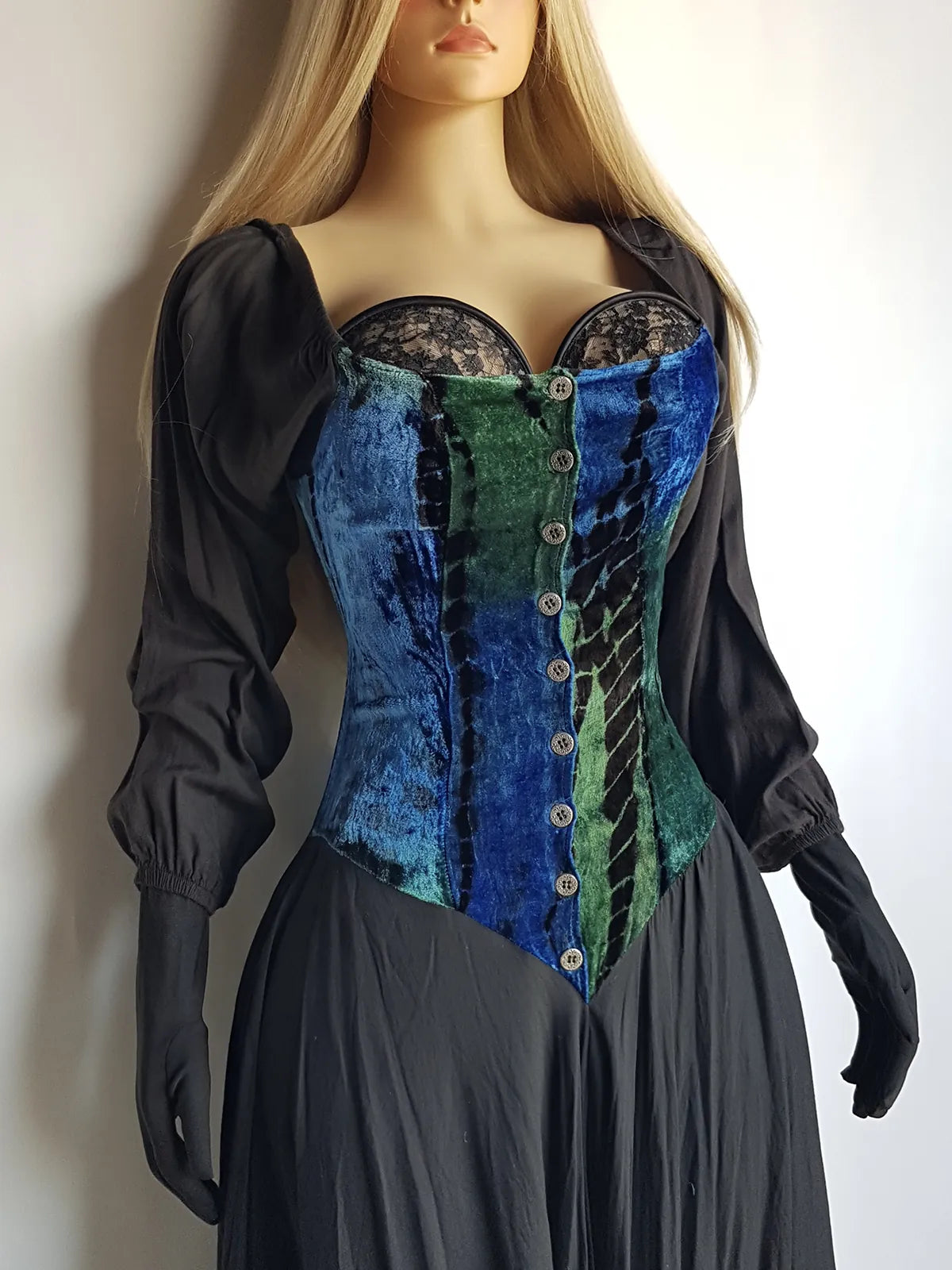 Authentic 1990s Whimsigoth Peasant Dress in Plush Velvet - Greens & Blues - Hand Dyed - medieval metal buttons - long sleeve & handkerchief hemline