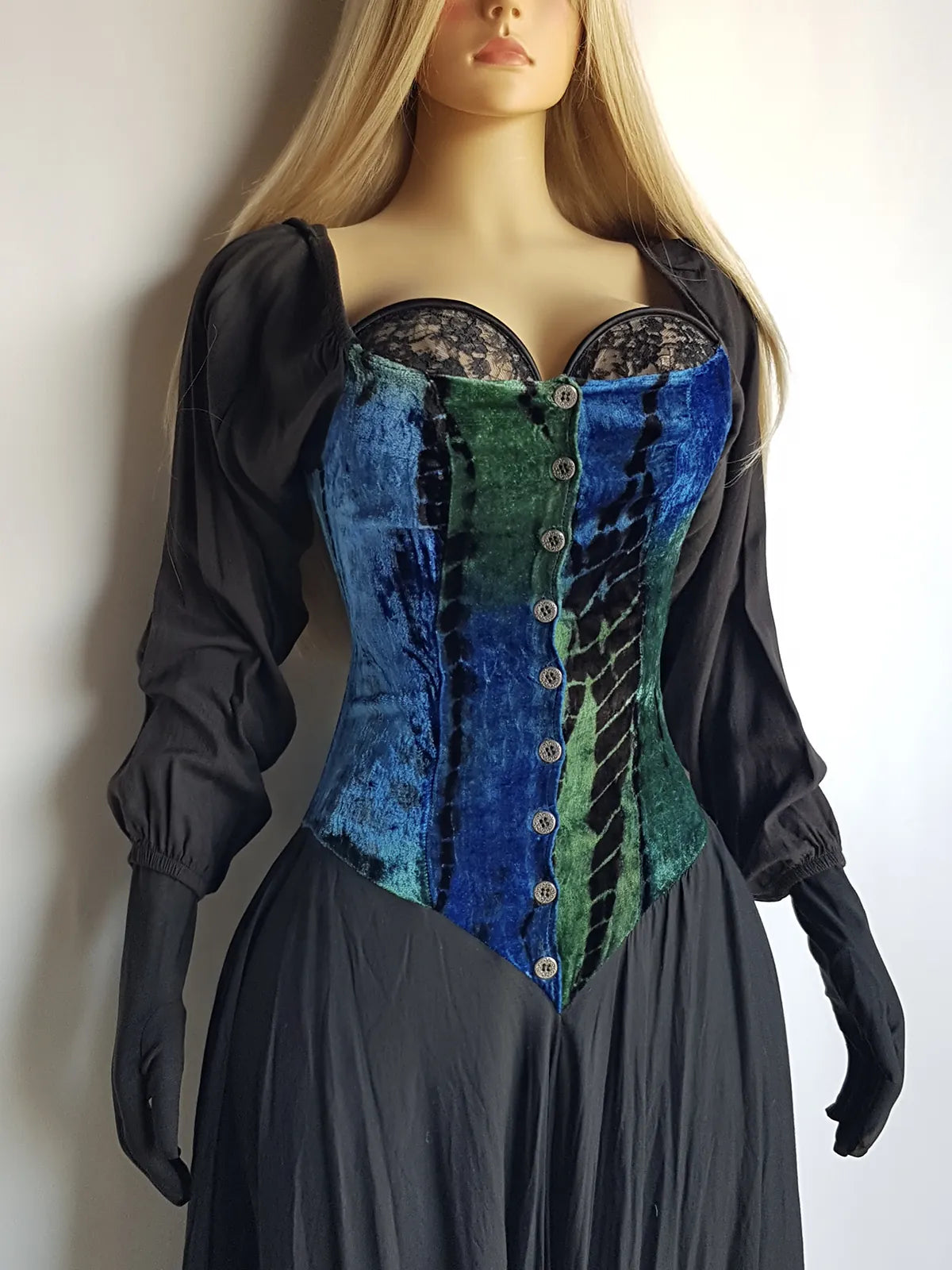 Authentic 1990s Whimsigoth Peasant Dress in Plush Velvet - Greens & Blues - Hand Dyed - medieval metal buttons - long sleeve & handkerchief hemline