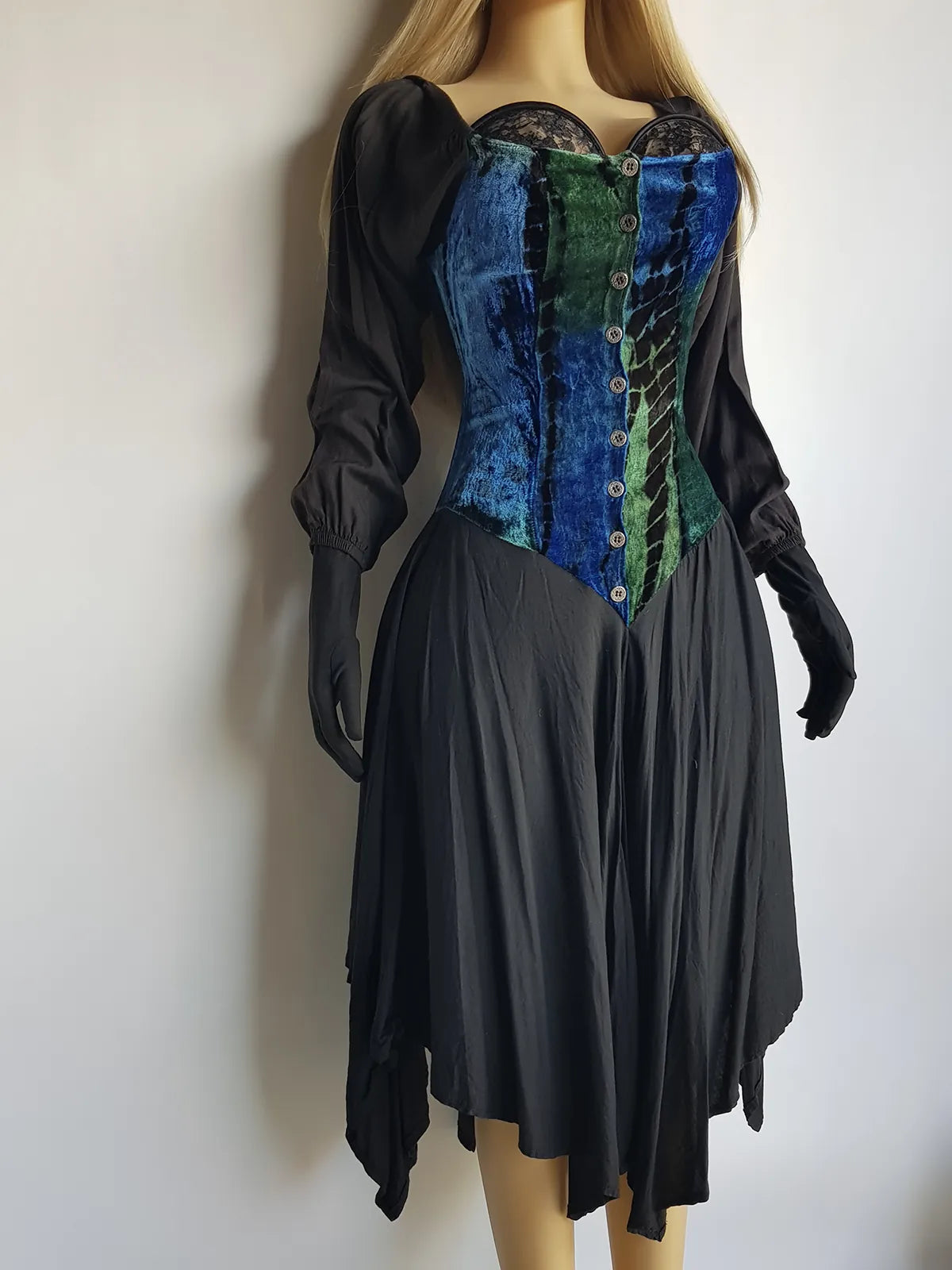 Authentic 1990s Whimsigoth Peasant Dress in Plush Velvet - Greens & Blues - Hand Dyed - medieval metal buttons - long sleeve & handkerchief hemline