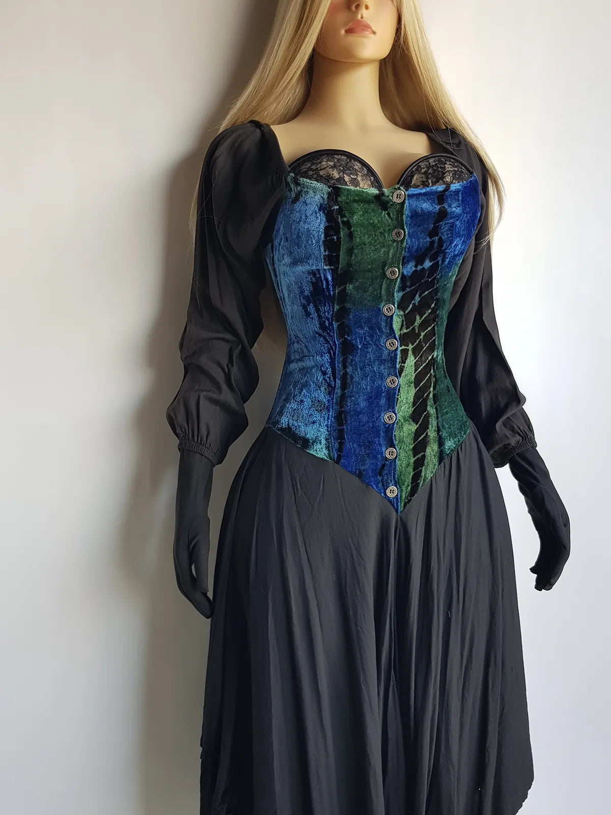 Authentic 1990s Whimsigoth Peasant Dress in Plush Velvet - Greens & Blues - Hand Dyed - medieval metal buttons - long sleeve & handkerchief hemline