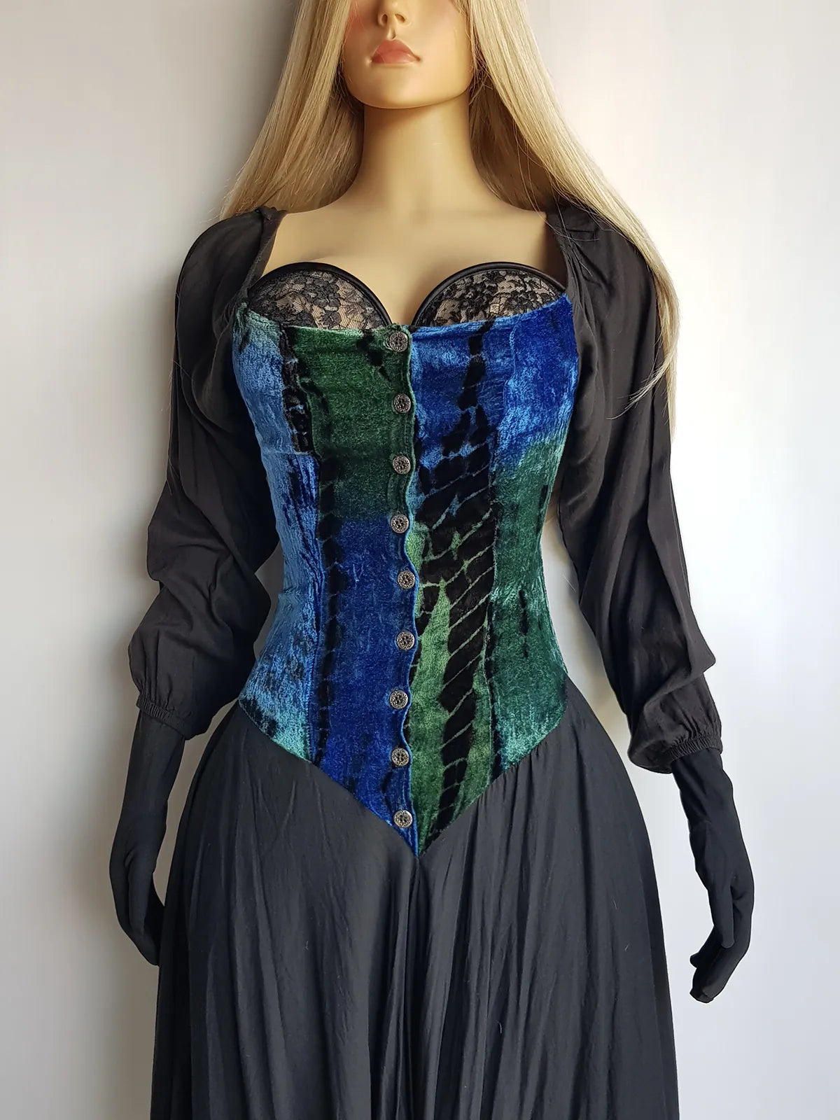 Authentic 1990s Whimsigoth Peasant Dress in Plush Velvet - Greens & Blues - Hand Dyed - medieval metal buttons - long sleeve & handkerchief hemline