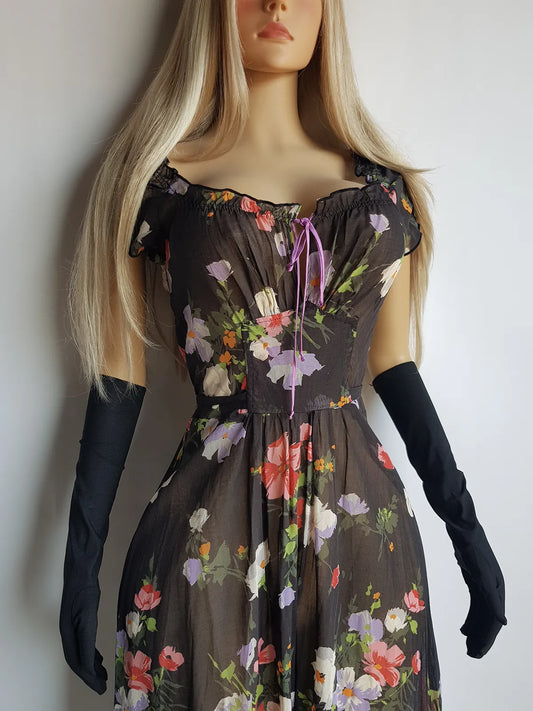 Vintage Genuine 1970s Italian Sheer Floral dress with Milkmaid Bust & Tailored Waist - Sophia Loren European Summer