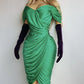 Authentic Vintage Unbelievably Gorgeous Emerald Green Grecian Dress - Boned Bust & Extreme hourglass - Beaded Waist Applique - Curve hugging stretch Jersey