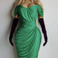 Authentic Vintage Unbelievably Gorgeous Emerald Green Grecian Dress - Boned Bust & Extreme hourglass - Beaded Waist Applique - Curve hugging stretch Jersey