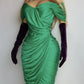 Authentic Vintage Unbelievably Gorgeous Emerald Green Grecian Dress - Boned Bust & Extreme hourglass - Beaded Waist Applique - Curve hugging stretch Jersey