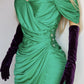 Authentic Vintage Unbelievably Gorgeous Emerald Green Grecian Dress - Boned Bust & Extreme hourglass - Beaded Waist Applique - Curve hugging stretch Jersey