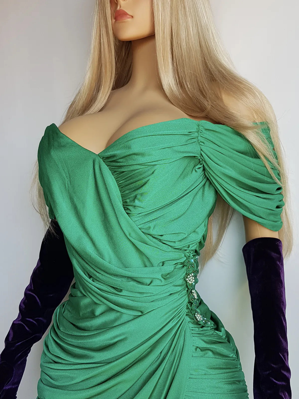 Authentic Vintage Unbelievably Gorgeous Emerald Green Grecian Dress - Boned Bust & Extreme hourglass - Beaded Waist Applique - Curve hugging stretch Jersey