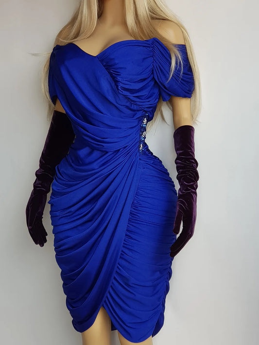 Authentic Vintage Unbelievably Gorgeous Rich Blue Grecian Dress - Extreme hourglass - Beaded Waist Applique - Curve hugging stretch Jersey