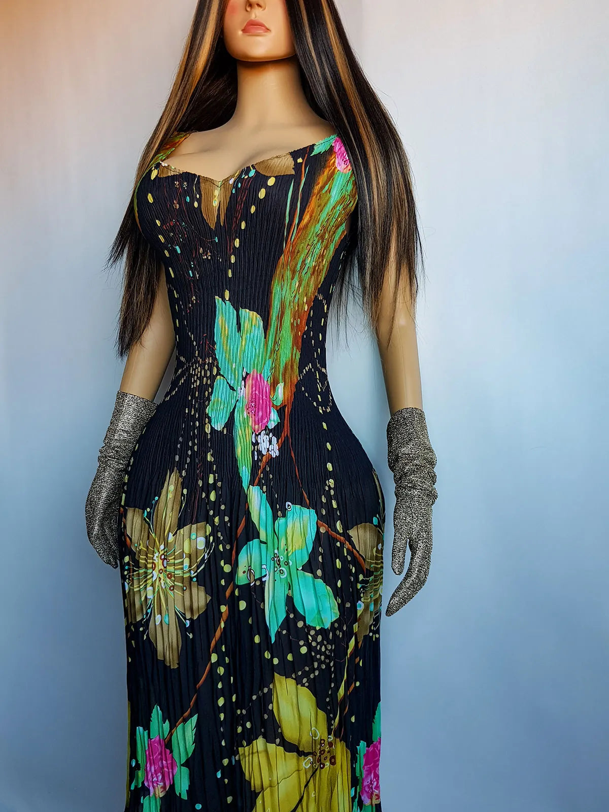 2000s Incredible Resortwear Piece - Pleated Curve Hugging Summer Dress with Deep V & Punchy Tropical Print