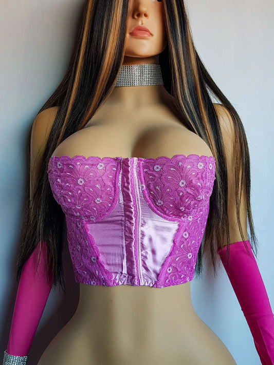 90s Vintage Incredibly Rare Lace Corset Top Bustier - Hand Dyed in Pink - Satin & Lace - Underwire & Boning