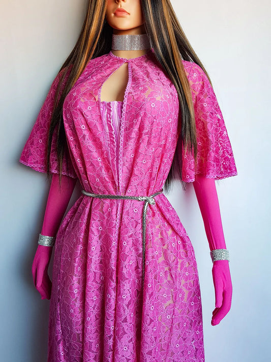 1950s Authentic Vintage Dramatic Floor Length Lace Coat - Ultimate Burlesque Piece - Hand Dyed in Perfect Shocking Pink - Button Collar and Open Front - Floral Print Lace - Immaculate