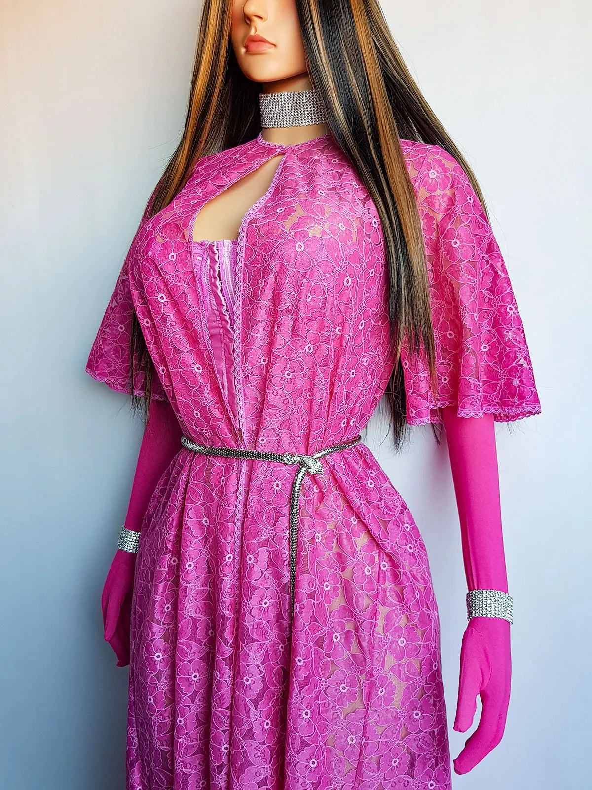 1950s Authentic Vintage Dramatic Floor Length Lace Coat - Ultimate Burlesque Piece - Hand Dyed in Perfect Shocking Pink - Button Collar and Open Front - Floral Print Lace - Immaculate