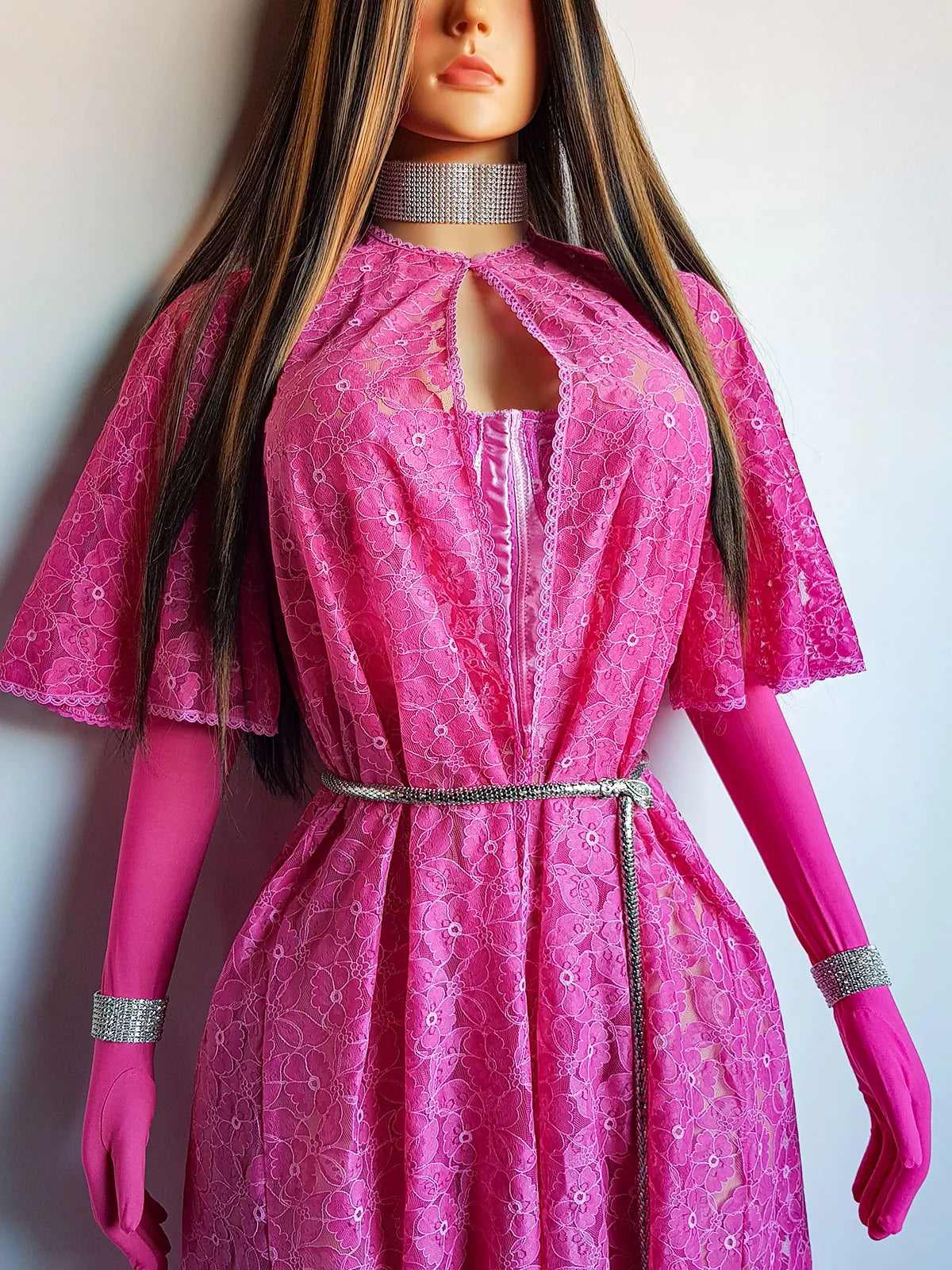 1950s Authentic Vintage Dramatic Floor Length Lace Coat - Ultimate Burlesque Piece - Hand Dyed in Perfect Shocking Pink - Button Collar and Open Front - Floral Print Lace - Immaculate