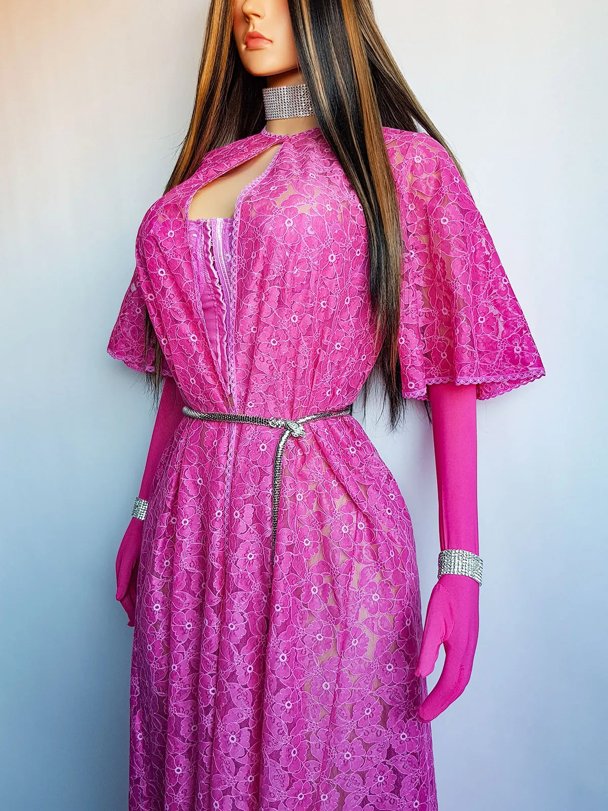 1950s Authentic Vintage Dramatic Floor Length Lace Coat - Ultimate Burlesque Piece - Hand Dyed in Perfect Shocking Pink - Button Collar and Open Front - Floral Print Lace - Immaculate