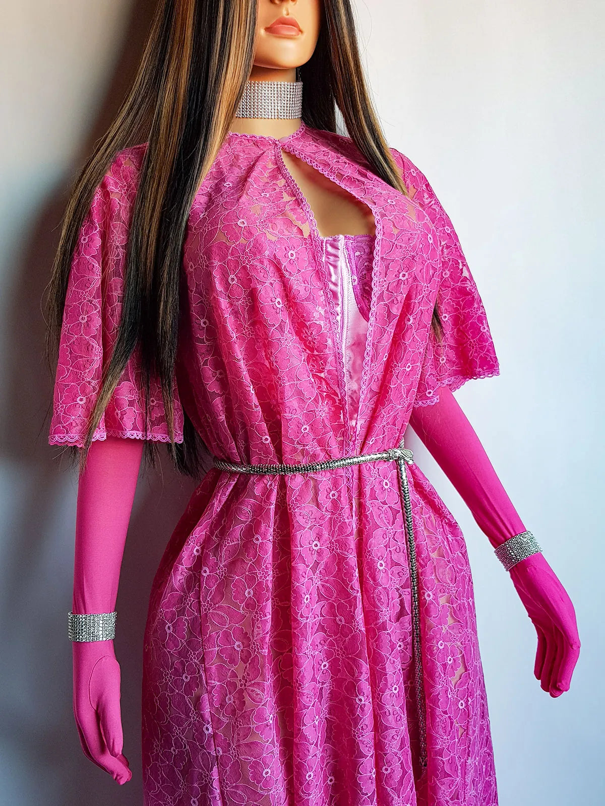 1950s Authentic Vintage Dramatic Floor Length Lace Coat - Ultimate Burlesque Piece - Hand Dyed in Perfect Shocking Pink - Button Collar and Open Front - Floral Print Lace - Immaculate