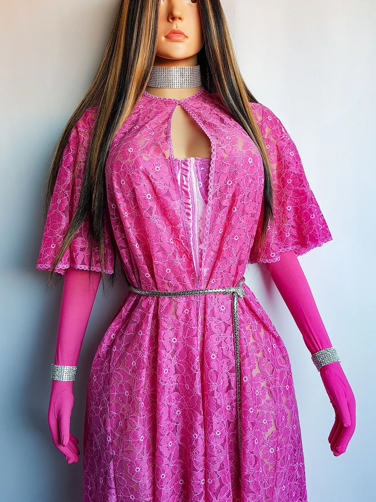 1950s Authentic Vintage Dramatic Floor Length Lace Coat - Ultimate Burlesque Piece - Hand Dyed in Perfect Shocking Pink - Button Collar and Open Front - Floral Print Lace - Immaculate