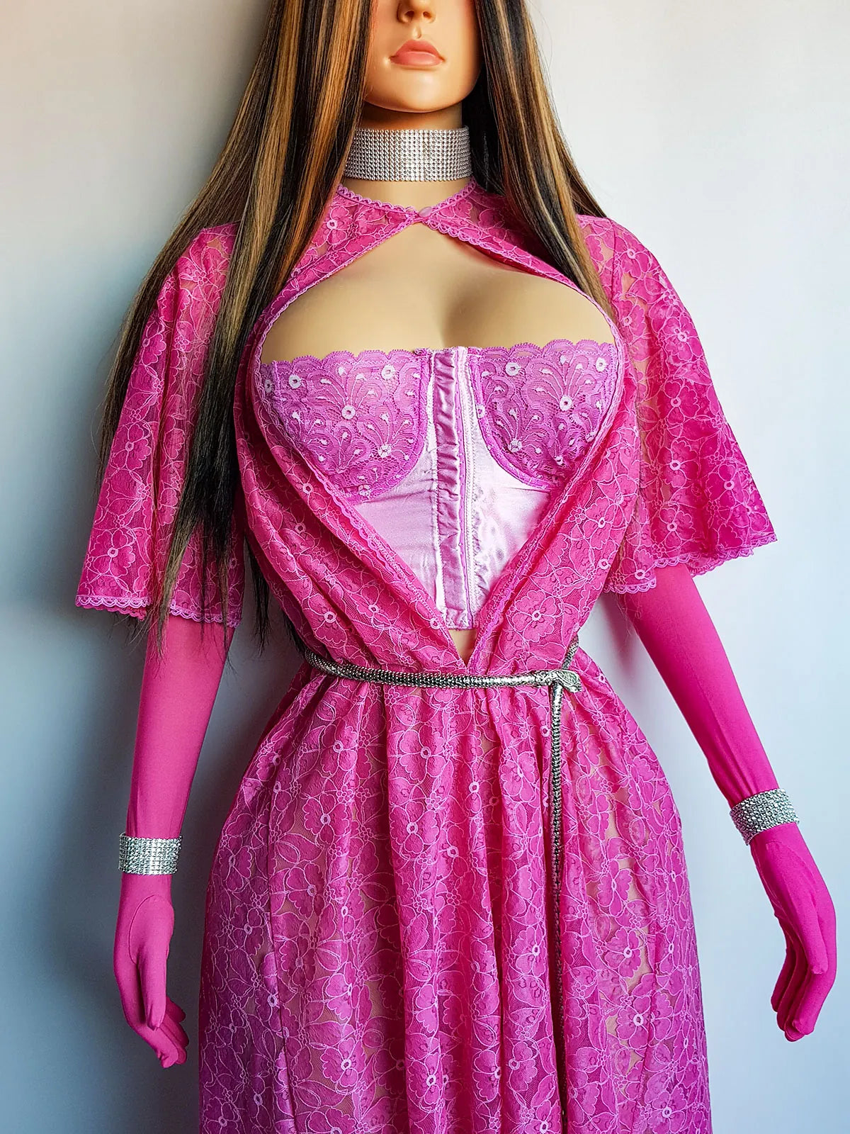 1950s Authentic Vintage Dramatic Floor Length Lace Coat - Ultimate Burlesque Piece - Hand Dyed in Perfect Shocking Pink - Button Collar and Open Front - Floral Print Lace - Immaculate