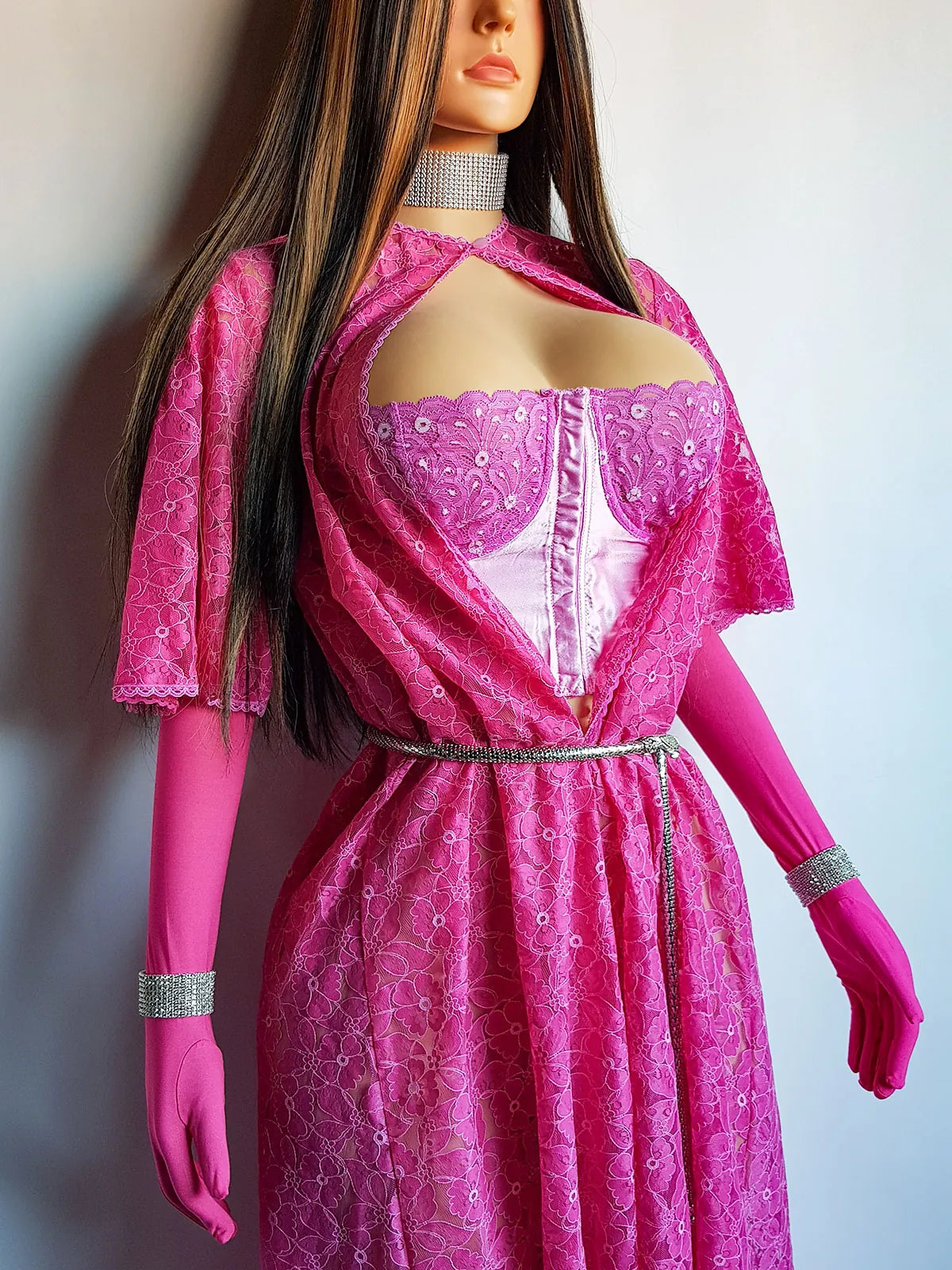 1950s Authentic Vintage Dramatic Floor Length Lace Coat - Ultimate Burlesque Piece - Hand Dyed in Perfect Shocking Pink - Button Collar and Open Front - Floral Print Lace - Immaculate