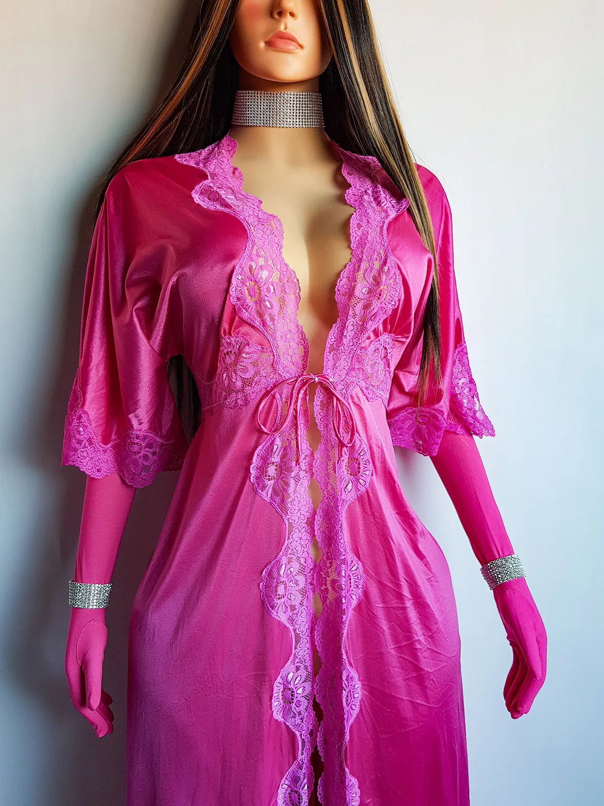 Authentic Vintage Slinky Lace & Satin Floor Length Robe in Rich Pink - Tie Front - Elbow Length sleeves - Open from the waist