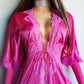 Authentic Vintage Slinky Lace & Satin Floor Length Robe in Rich Pink - Tie Front - Elbow Length sleeves - Open from the waist