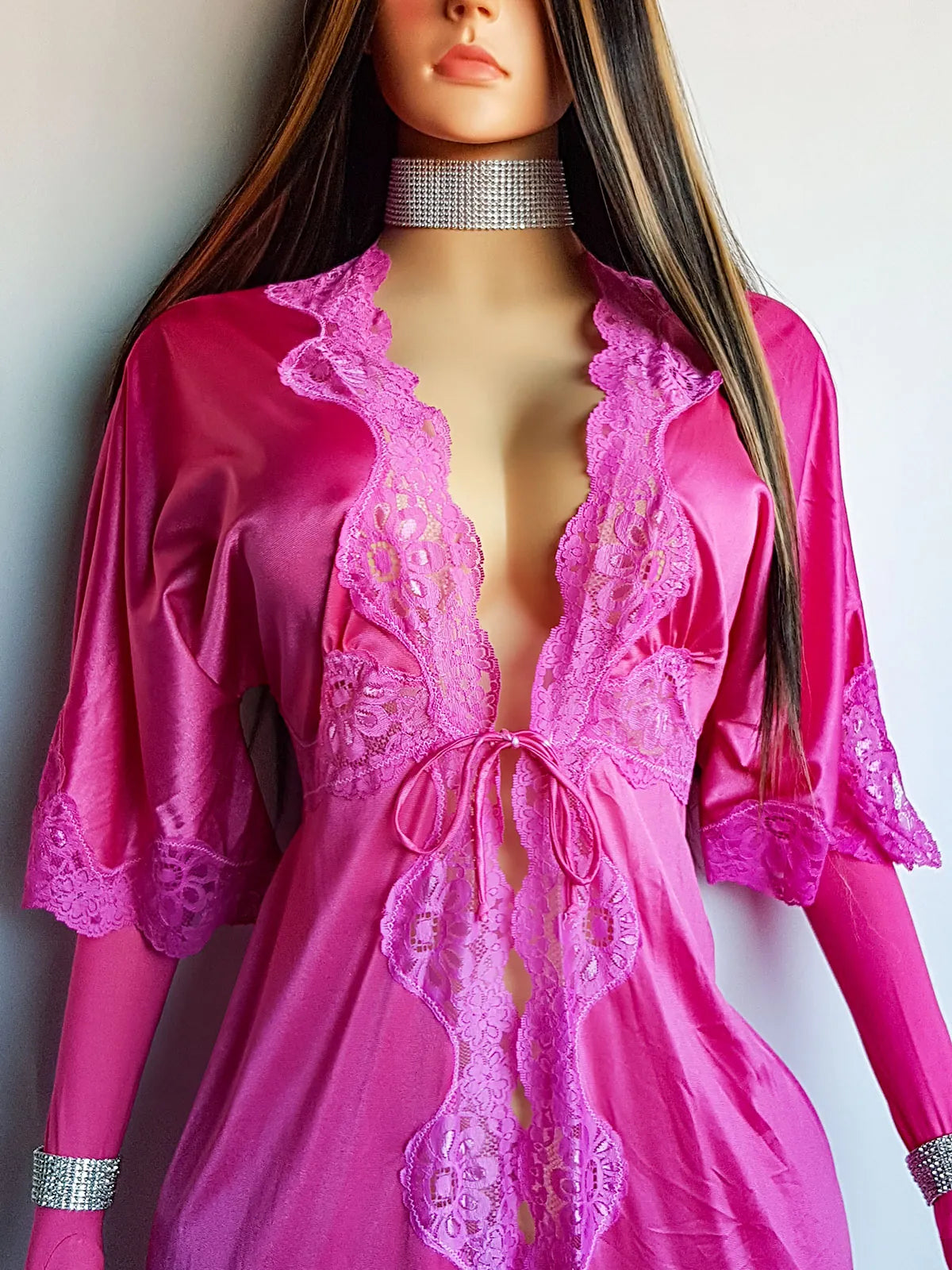 Authentic Vintage Slinky Lace & Satin Floor Length Robe in Rich Pink - Tie Front - Elbow Length sleeves - Open from the waist