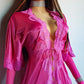 Authentic Vintage Slinky Lace & Satin Floor Length Robe in Rich Pink - Tie Front - Elbow Length sleeves - Open from the waist