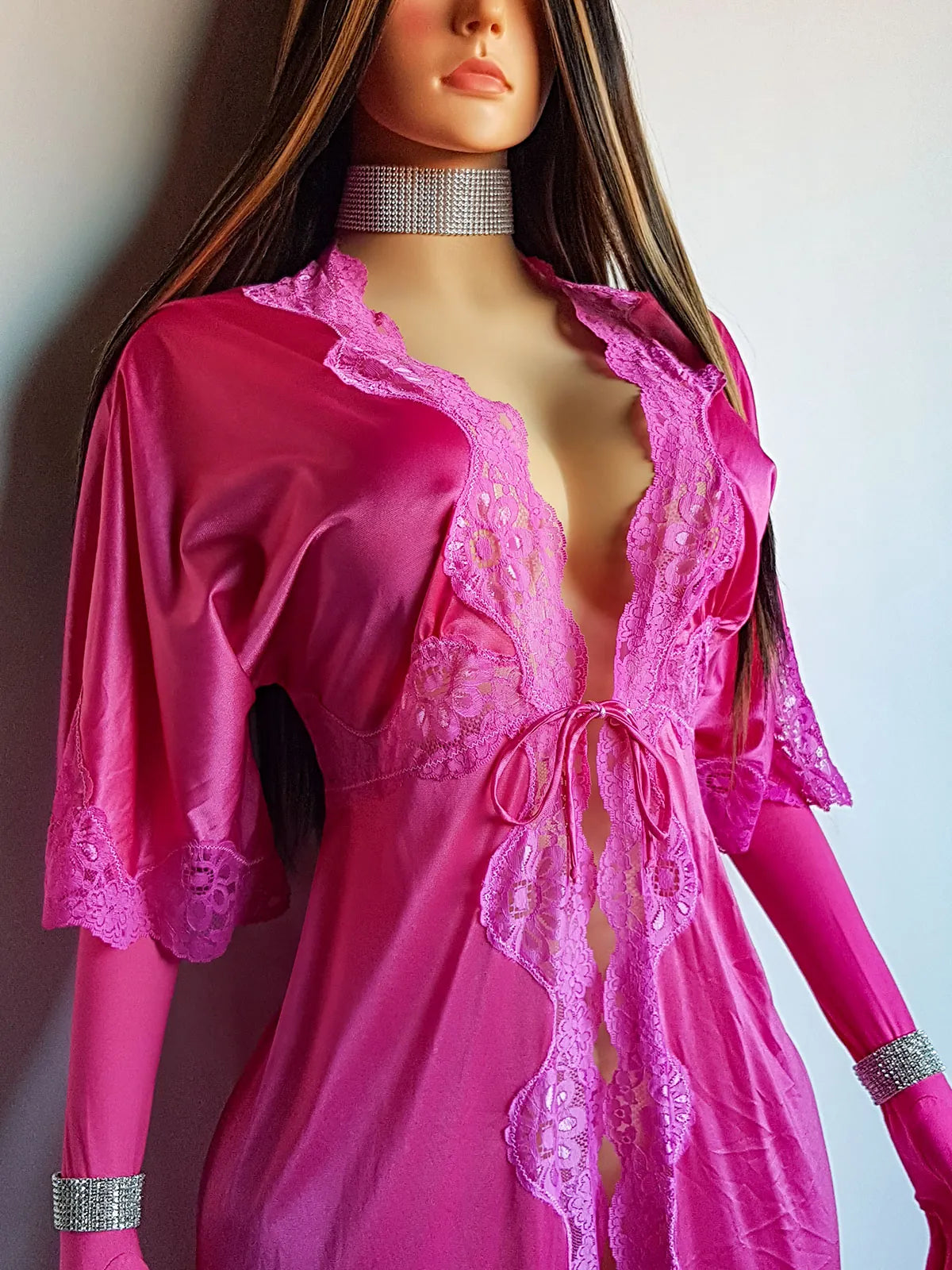 Authentic Vintage Slinky Lace & Satin Floor Length Robe in Rich Pink - Tie Front - Elbow Length sleeves - Open from the waist