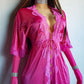 Authentic Vintage Slinky Lace & Satin Floor Length Robe in Rich Pink - Tie Front - Elbow Length sleeves - Open from the waist