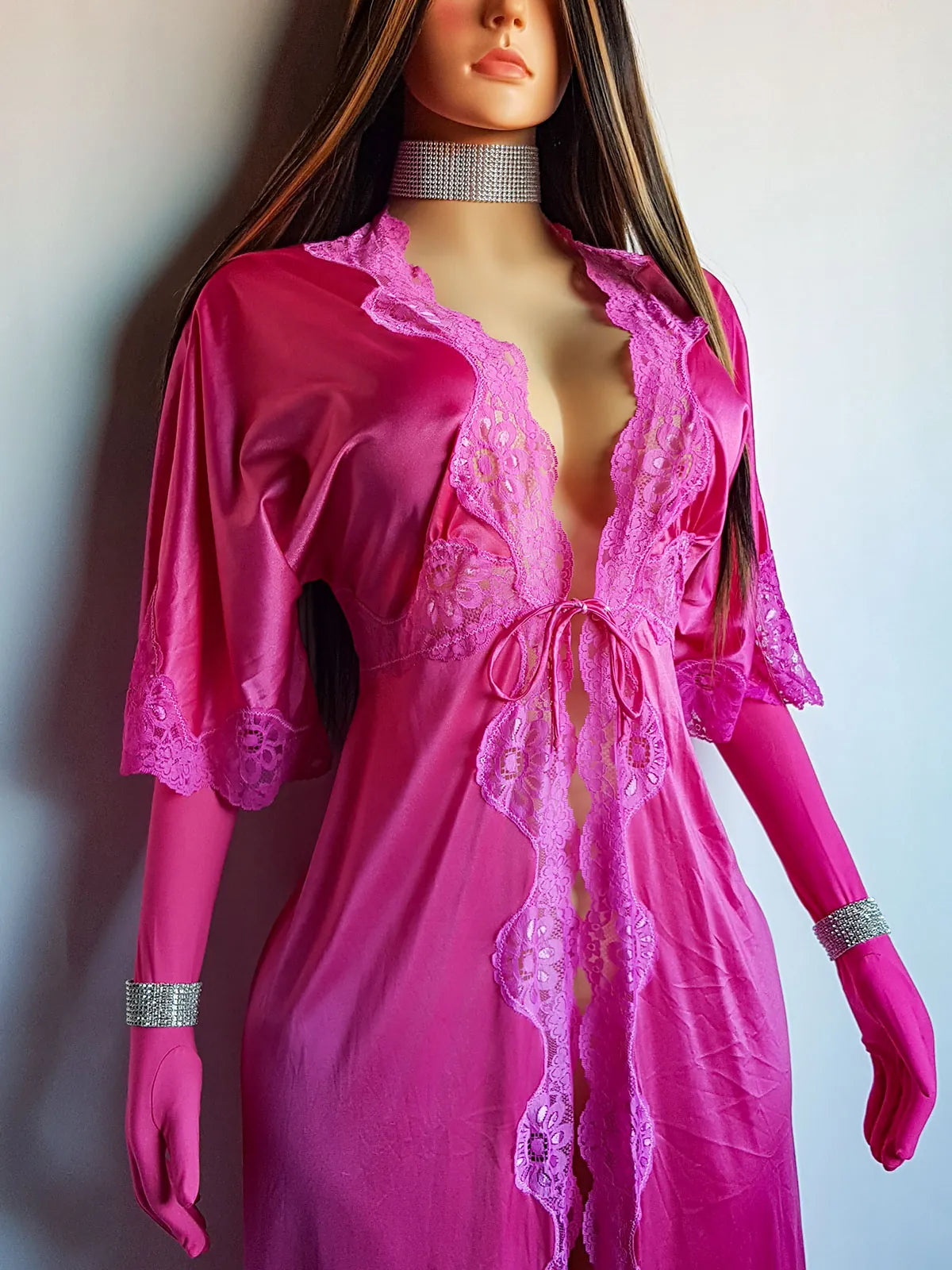 Authentic Vintage Slinky Lace & Satin Floor Length Robe in Rich Pink - Tie Front - Elbow Length sleeves - Open from the waist